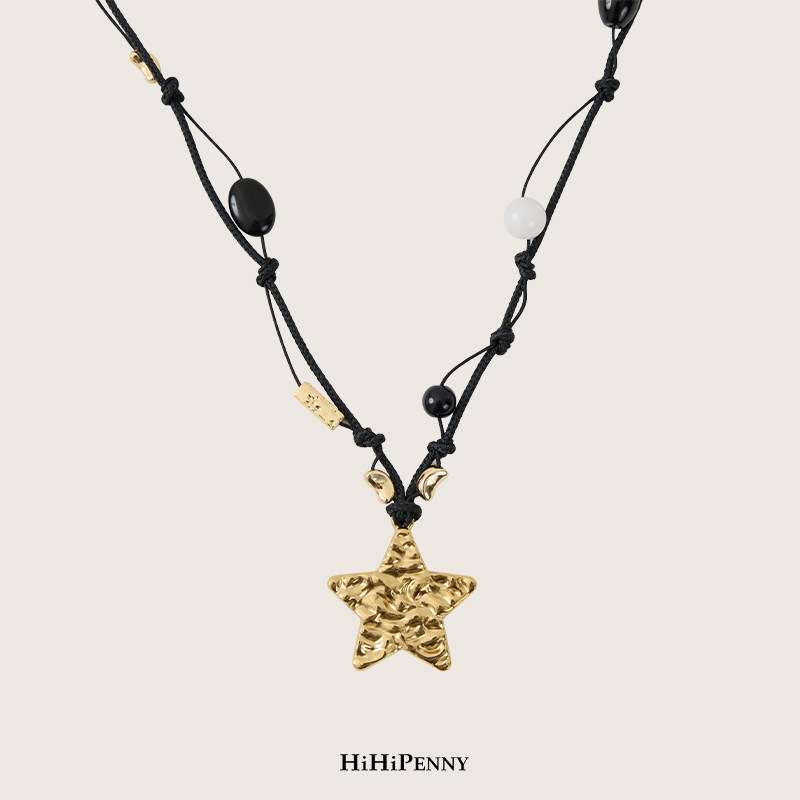 HiHipenny/星星毛衣链手工编织天然石木珠点缀自然