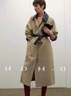 MEHT百搭风衣外套女重磅定制高密全棉拼绵羊皮高级感领长款风衣女