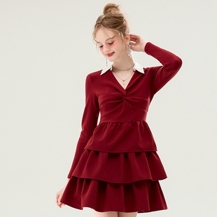 圣诞新年战袍穿搭晚宴公司年会小礼服羊毛连衣裙女新娘结婚回门服