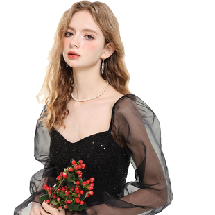 法式小礼服高端轻奢黑色小香风亮片晚宴聚会生日成人礼连衣裙女