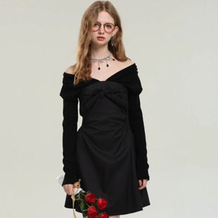 法式小众设计一字肩黑色连衣裙女秋冬晚宴聚会生日小礼服平时可穿