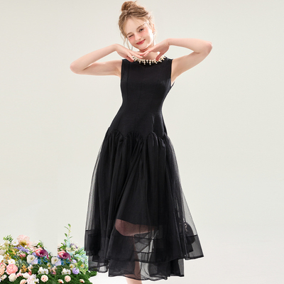 高腰无袖赫本风网纱连衣裙女夏季法式宴会高级感拼接设计a字长裙