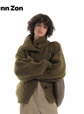 Wenn Zon海藻绿羊毛混纺高领针织外套女休闲宽松慵懒圈圈纱毛衣