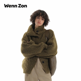 Wenn Zon海藻绿羊毛混纺高领针织外套女休闲宽松慵懒圈圈纱毛衣