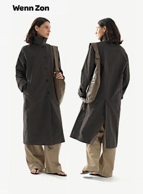 Wenn Zon精梳纯棉长风衣 微褶做旧纸感时尚简约静奢廓形磨毛修身