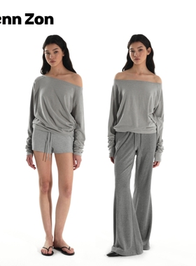 Wenn Zon 一字肩斜肩两穿宽松堆堆袖长袖上衣女休闲磨毛舒适慵懒