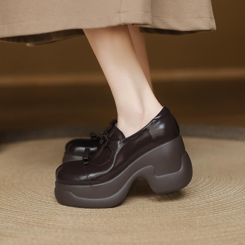 9CM！韩版蝴蝶结厚底高跟单鞋女2025年春季新款小个子真皮松糕鞋