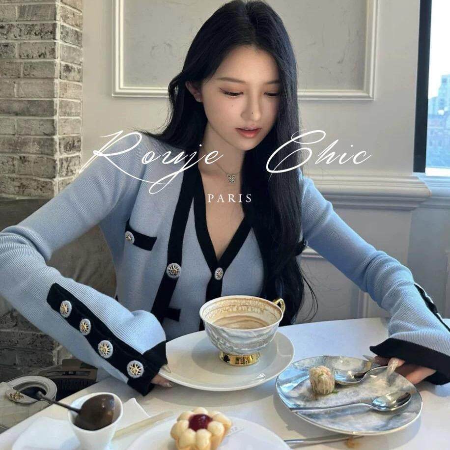 法国rouje chic法式小众高级感女秋冬蓝色针织开衫背心两件套毛衣