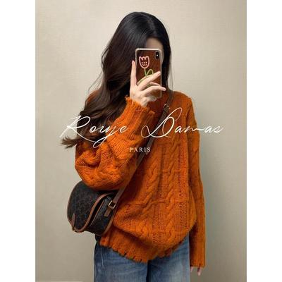 Rouje Damas高级感麻花圆领羊绒套头毛衣女宽松慵懒风针织衫上衣