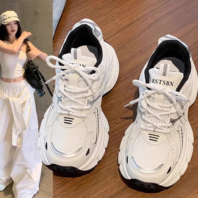 香港真皮厚底老爹鞋女2025新款秋季增高网面透气小白鞋休闲运动鞋