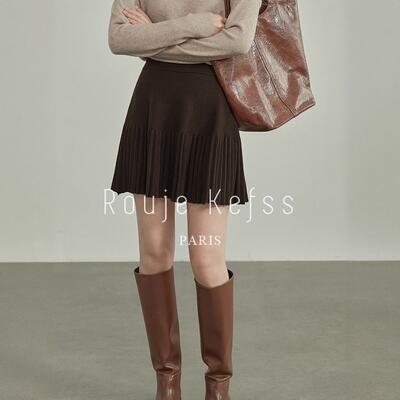 Rouje kefss法式美拉德棕色针织半身裙女秋季高腰显瘦a字百褶短裙