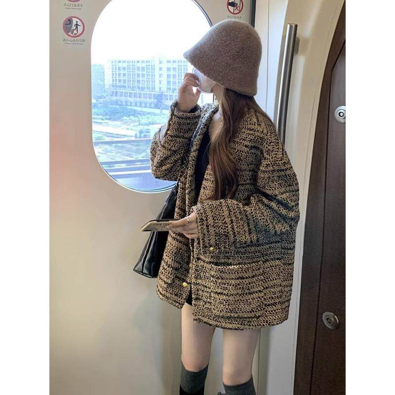 tach damas法式高级感名媛气质粗花呢编织v领外套女冬中长款上衣