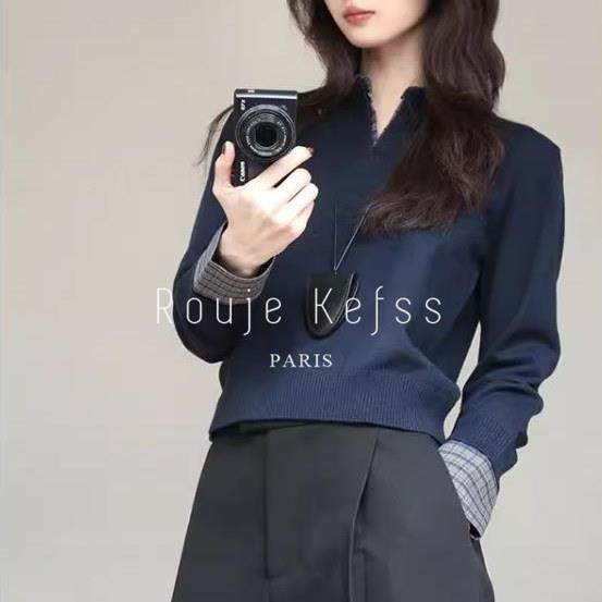 rouje kefss法式格子假两件拼接针织衫女秋季设计感毛衣内搭上衣,女装/女士精品,大码内搭,淘宝优惠券,粉丝福利购,淘宝优惠卷