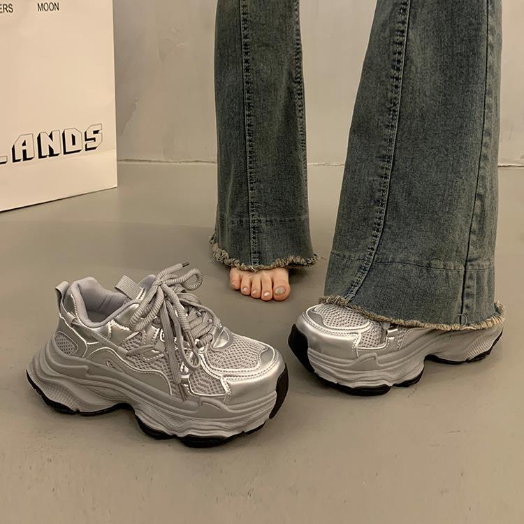 韩国松糕厚底老爹鞋女秋季小个子增高2025新款网面透气休闲 运动