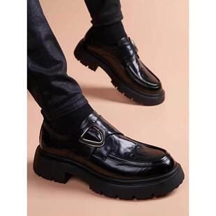 潮牌厚底增高皮鞋男士潮流商务休闲真皮豆豆鞋百搭套脚正装德比鞋