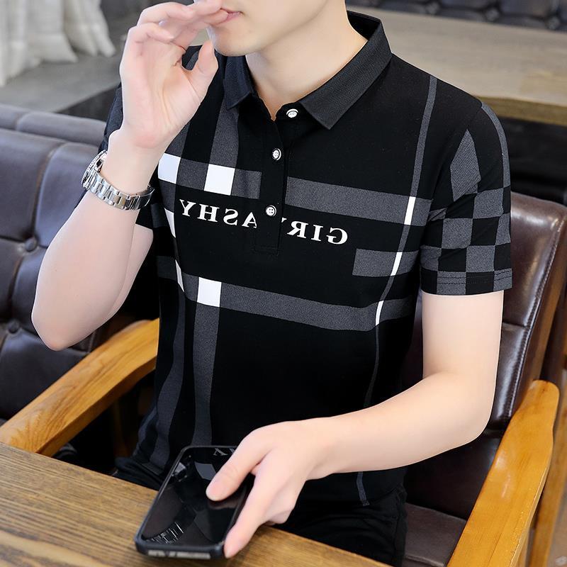 高端格子条纹Polo衫男短袖夏季潮流休闲翻领男士纯棉印花冰丝T恤