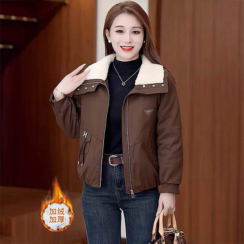 时尚加绒加厚拼接短外套女冬季新款洋气夹克衫小个子保暖派克棉服