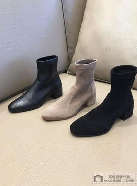 Sw黑色粗跟短靴女式靴中跟秋冬羊毛衬里真皮高跟鞋马丁弹力修身袜