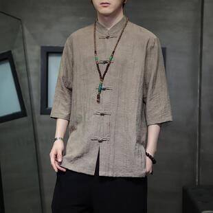短袖 衬衣 男士 唐装 TWG中国风亚麻衬衫 盘扣棉麻五分袖 薄款 夏季 中式