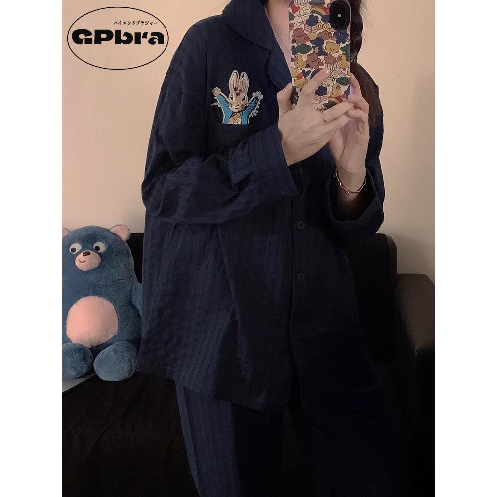 日系GP条纹兔子纯棉情侣款睡衣男女2025春秋季长袖大码家居服套装