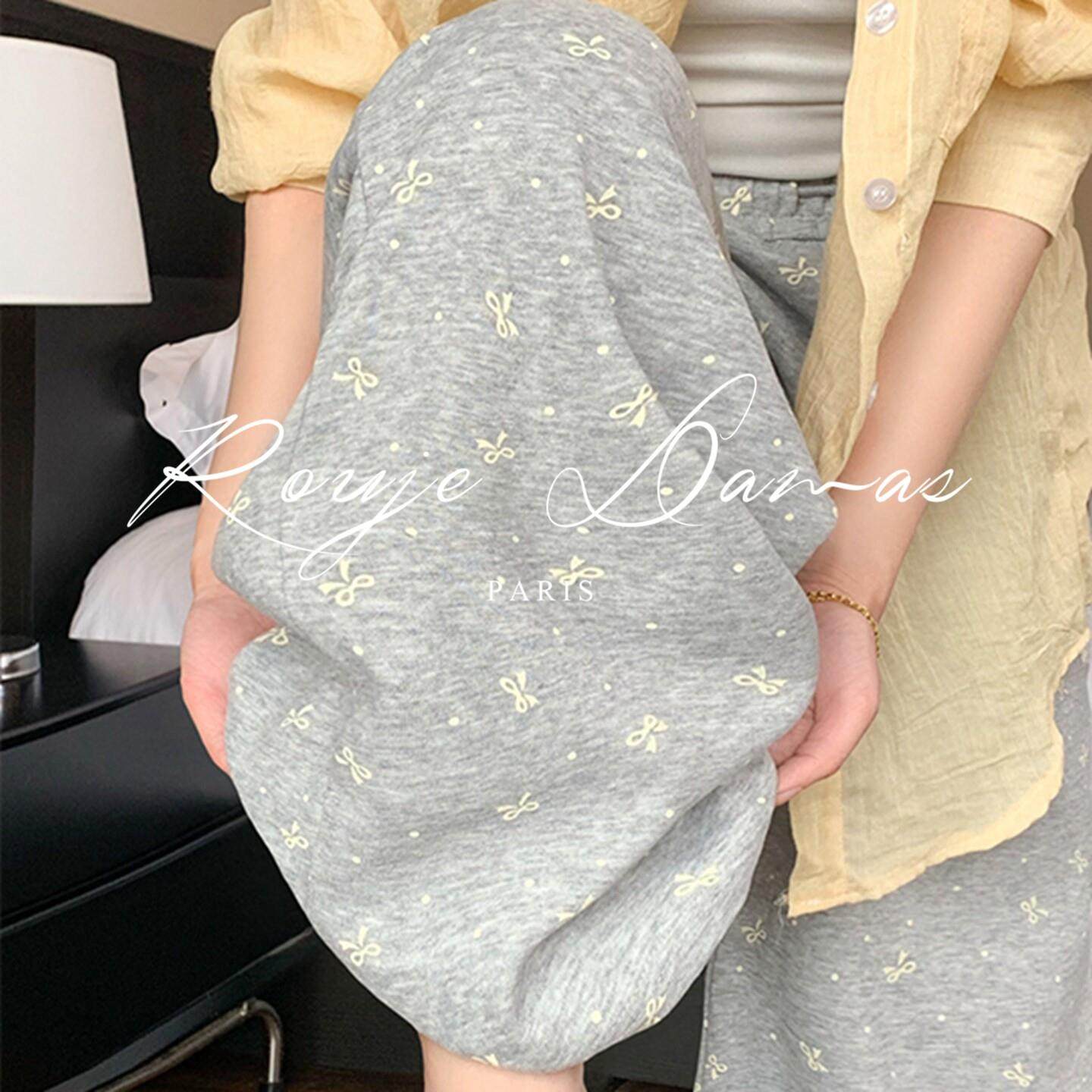 Rouje Damas灰色蝴蝶结波点运动裤女高腰慵懒休闲宽松直筒卫裤子,女装/女士精品,大码裤装,淘宝优惠券,粉丝福利购,淘宝优惠卷