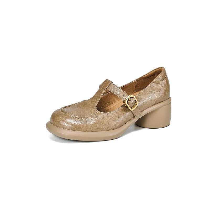 法式覆古圆头粗跟厚底玛丽珍单鞋女2024年新款真皮丁字口带小皮鞋