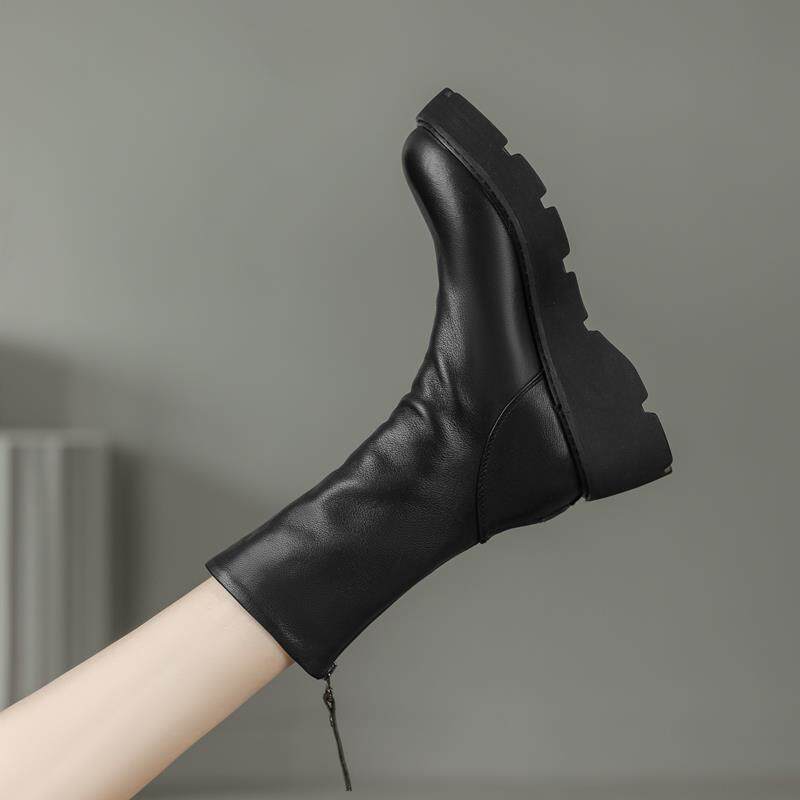 Ocnltiy~~真皮马丁靴女2024秋冬新款加绒厚底中筒靴松糕底靴子