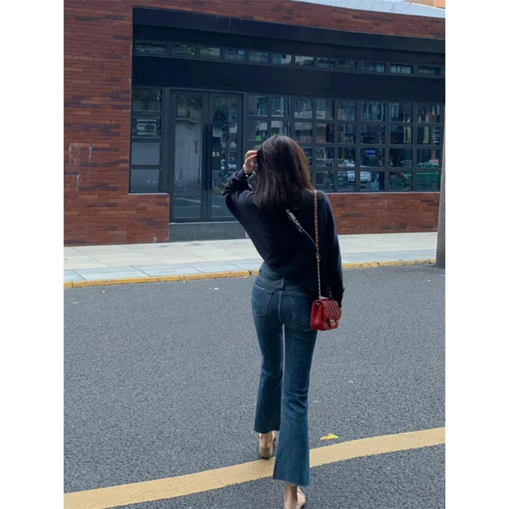 覆古蓝八分微喇叭牛仔裤女春秋季高腰显瘦修身弹力小个子喇叭裤子