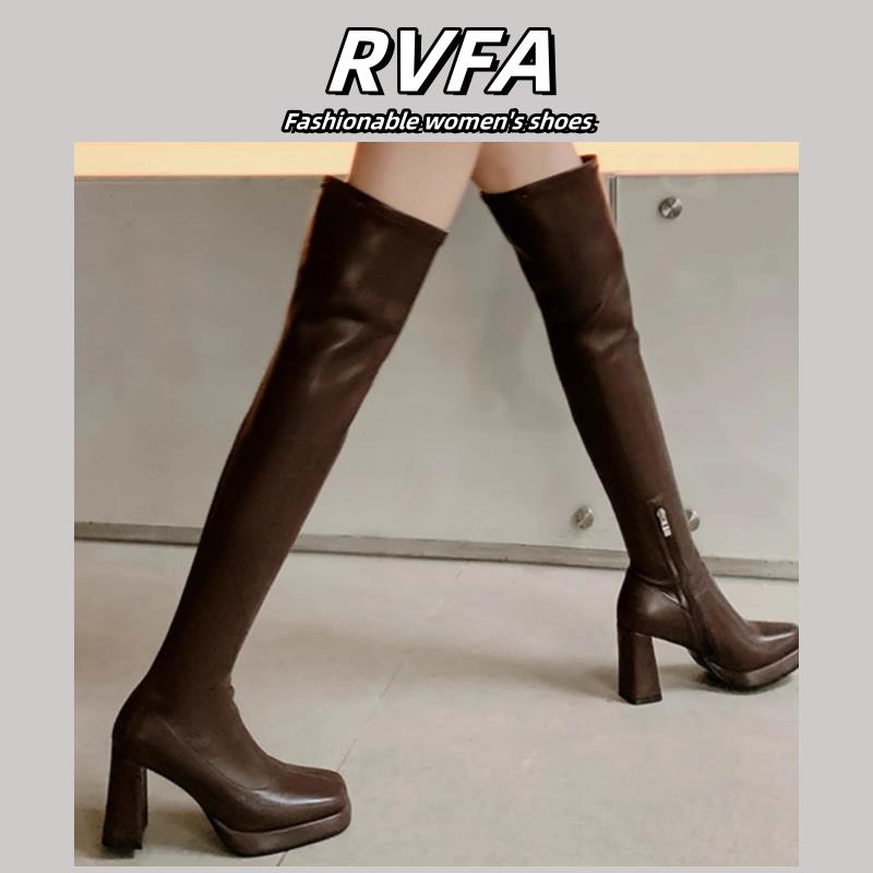 RVFA原创设计防水台方头粗跟过膝长靴女2025秋冬性感高跟瘦瘦靴子