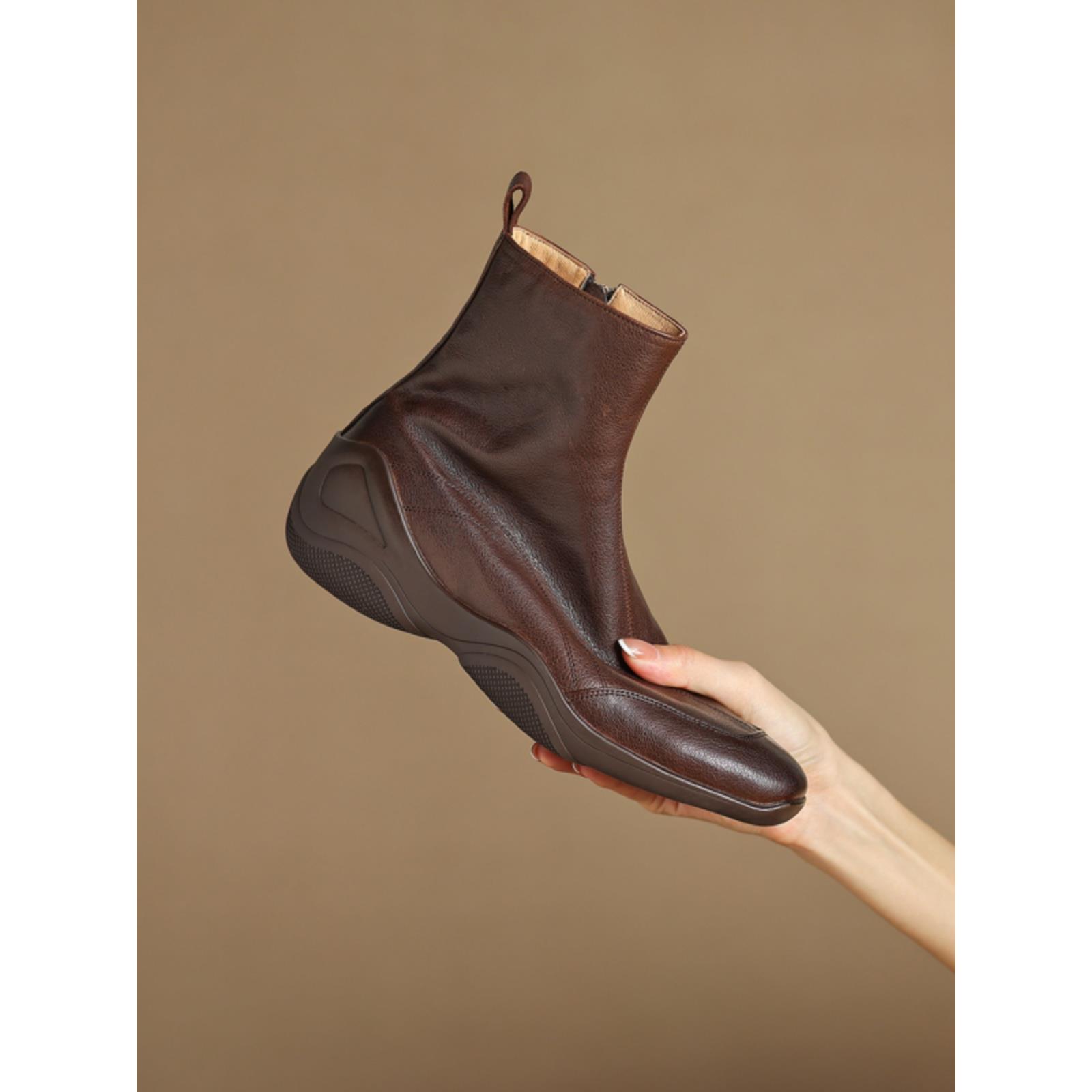 英伦覆古风真皮方头厚底马丁靴女春秋时尚休闲平底侧拉炼擦色短靴