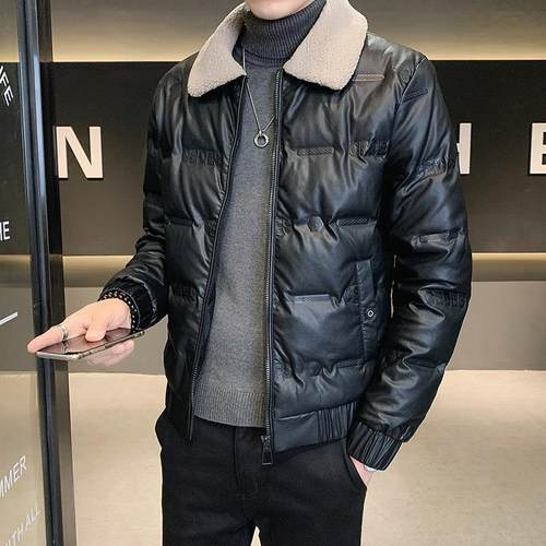 潮牌羽绒服男士冬季PU皮保暖加厚短款外套韩版休闲毛领白鸭绒男装