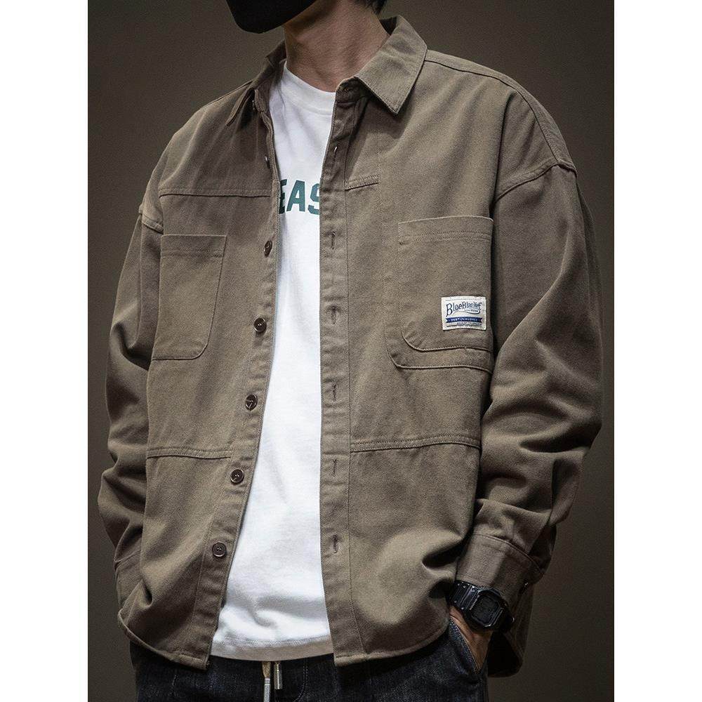 潮牌工装长袖衬衫男2025春秋季新款宽松大码男士牛仔衬衣休闲外套,男装,大码上装,淘宝优惠券,粉丝福利购,淘宝优惠卷