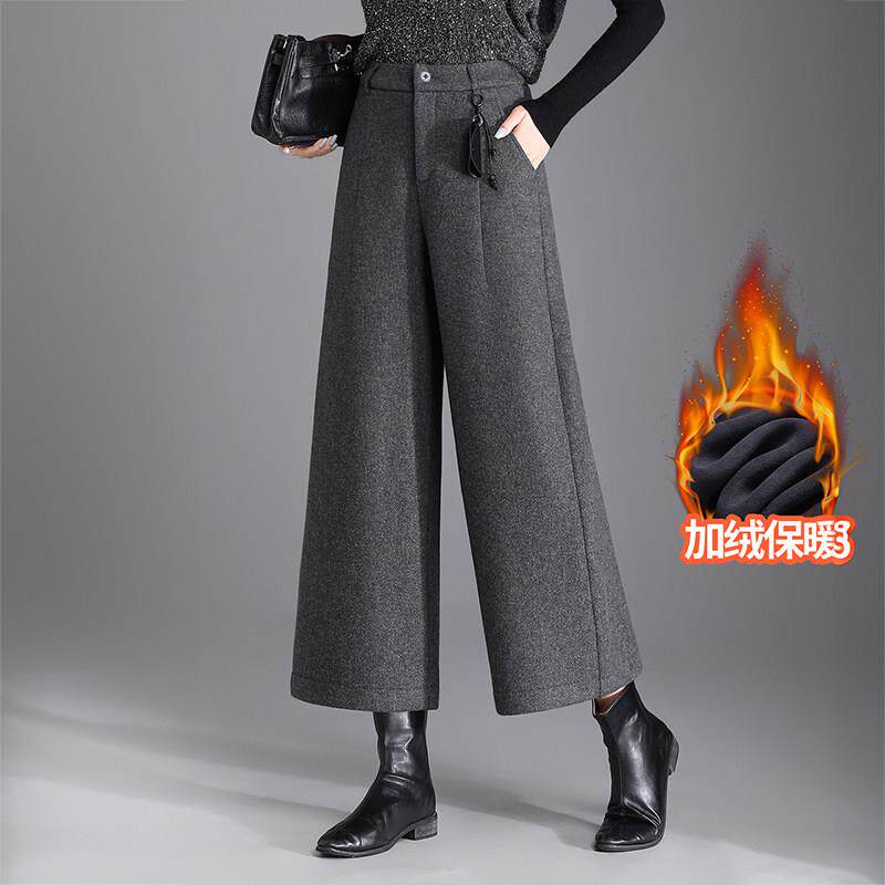 毛呢阔腿裤女秋冬2025新款高腰显瘦八分裤加厚保暖垂感休闲直筒裤