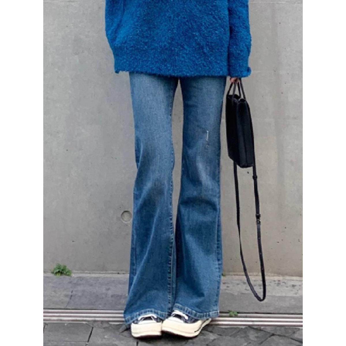 法式rouje damas蓝色喇叭牛仔裤女显瘦高腰长裤覆古时尚马蹄裤子