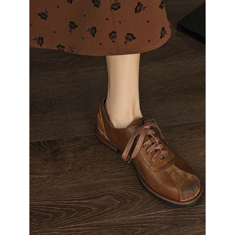 本周有新的好东西！水洗马皮圆头系带小皮鞋的妇女覆古英国低跟深