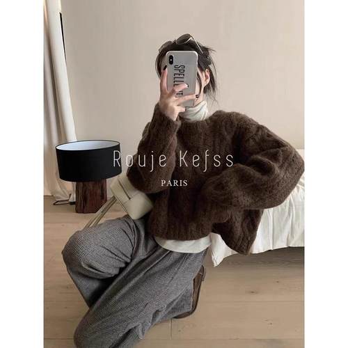 Rouje kefss法式美拉德短款麻花毛衣女秋冬慵懒软糯针织上衣加厚