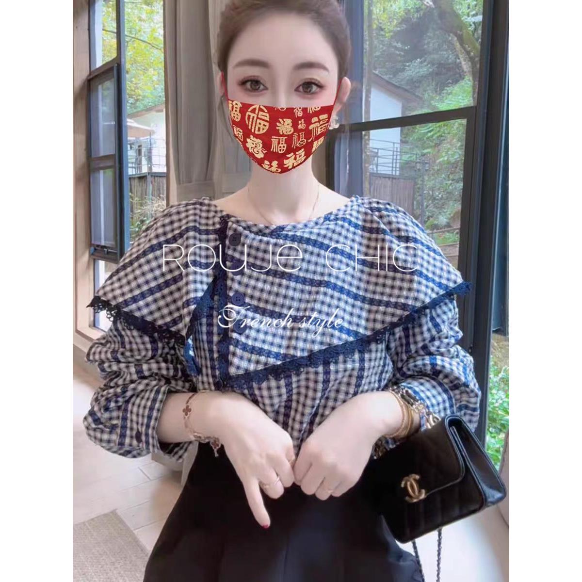 法国rouje chic法式别致高级感蕾丝拼接不规则格子大翻领衬衫女春