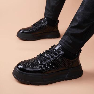 高端夏季皮鞋男透气镂空薄款休闲舒适时尚英伦厚底增高编织皮鞋男
