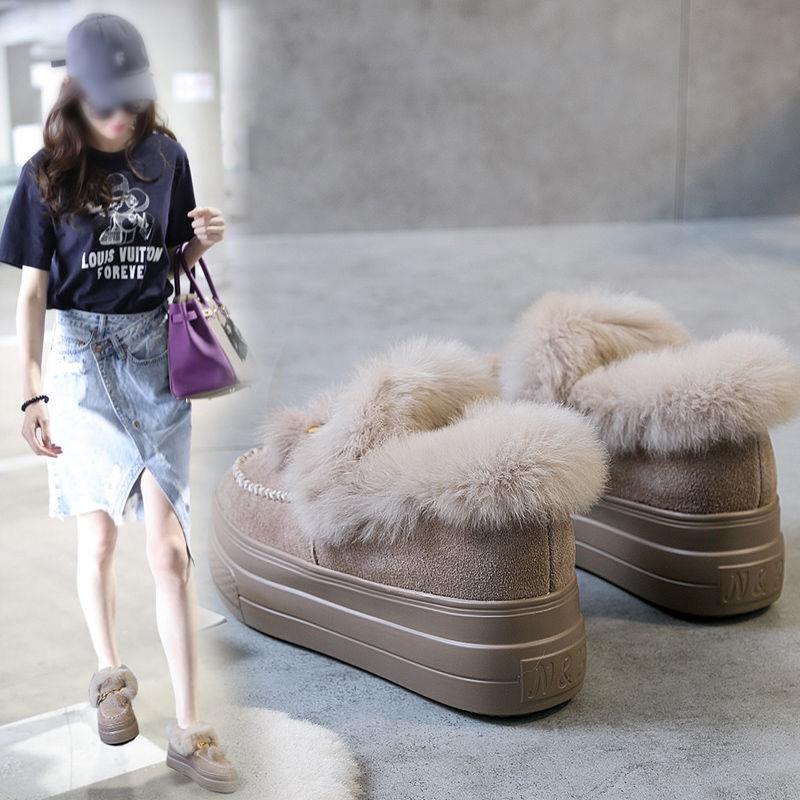 香港潮牌冬季新款厚底内增高松糕鞋加绒毛毛鞋女百搭网红豆豆鞋潮