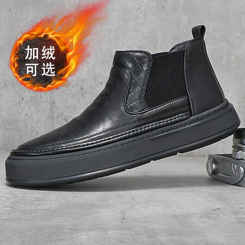 潮牌时尚百搭男鞋2025冬季款覆古中筒厚底切尔西靴高级感软底短靴