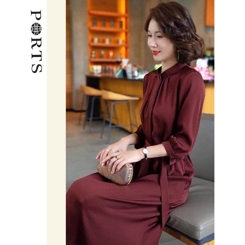 春季端庄大气女神范气质正式场合高级感真丝醋酸酒红色收腰连衣裙