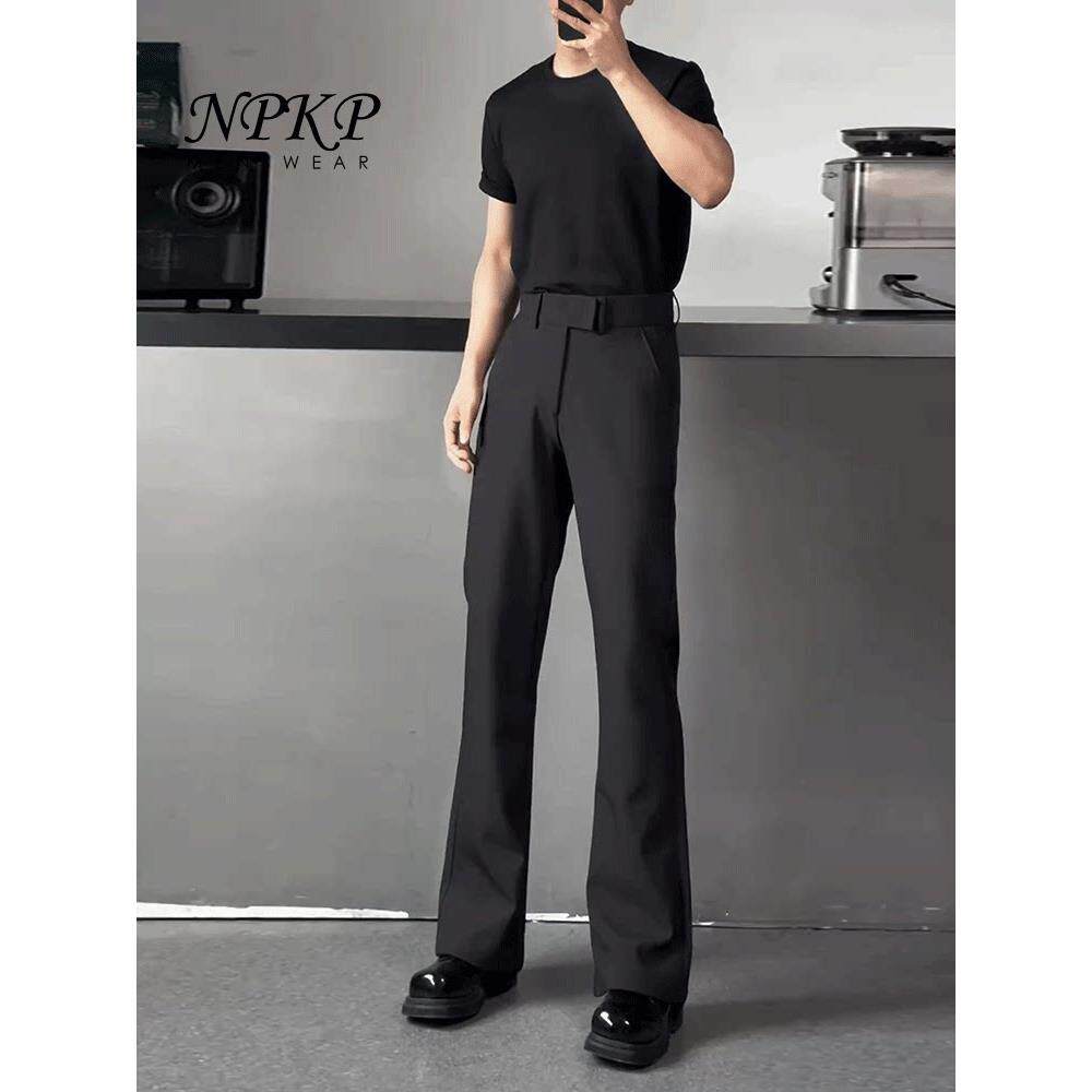 黑色微喇弯刀西裤男士春秋高腰休闲直筒长裤潮流修身显瘦西装裤子