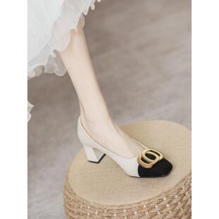 轻奢自留2025新款~真皮小香风粗跟单鞋女春秋中跟方头浅口高跟鞋