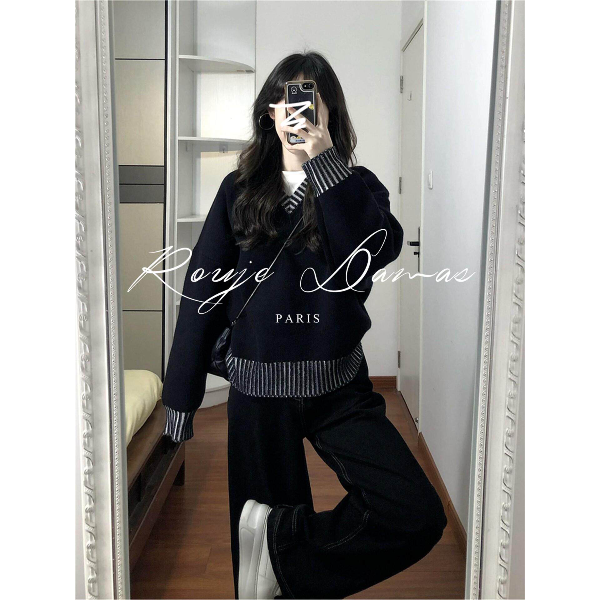 Rouje Damas法式小众条纹边V领毛衣女覆古慵懒高级感宽松针织上衣