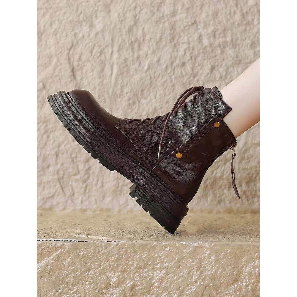 软羊皮覆古英伦风棕色马丁靴女秋冬季真皮厚底增高短靴圆头短筒靴