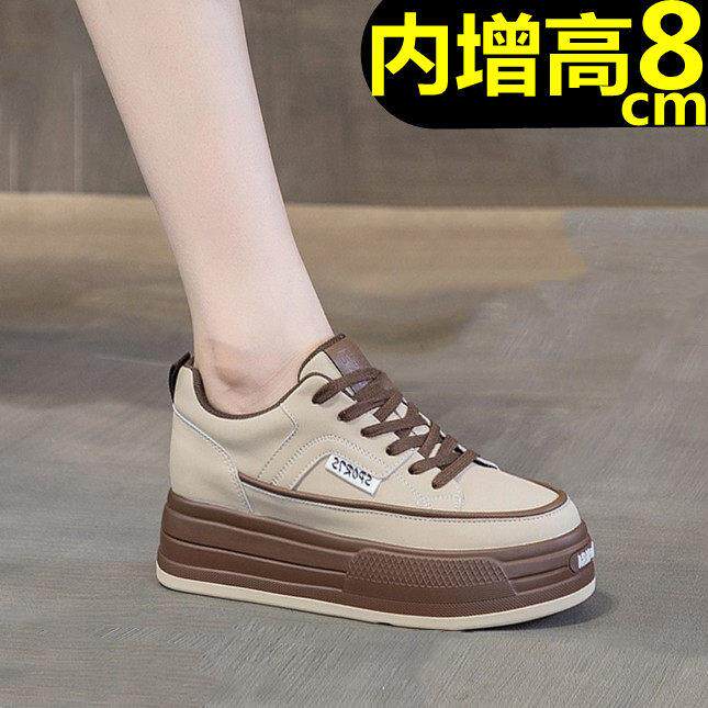 爆款厚底咖色单鞋内增高8CM保暖加绒棉鞋休闲运动鞋真皮小白鞋女