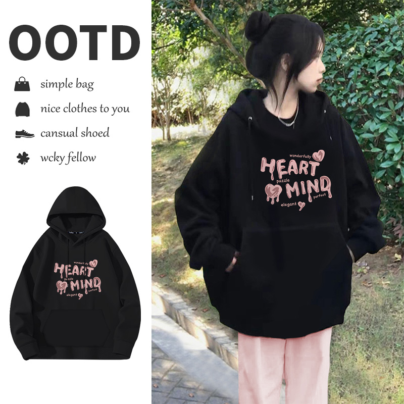 美式潮牌黑色加绒卫衣女春秋