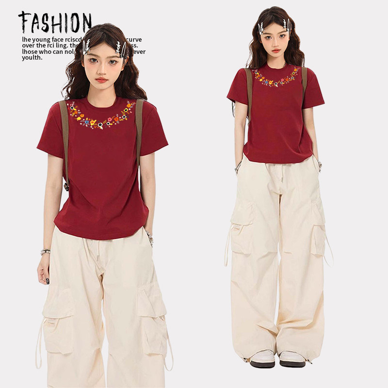 酒红色短袖t恤女2026新款夏季重磅纯棉半袖宽松ins小众设计感上衣,女装/女士精品,T恤,淘宝优惠券,粉丝福利购,淘宝优惠卷