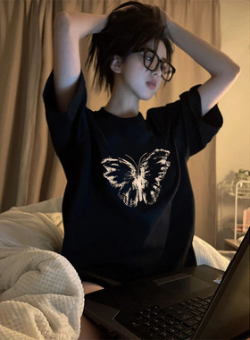 小众复古黑色短袖t恤女夏宽松韩版潮oversize设计感纯棉正肩上衣