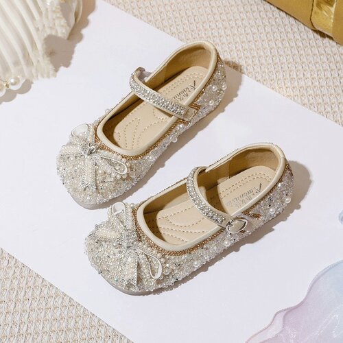 真皮爆款软底女童水晶鞋公主水钻